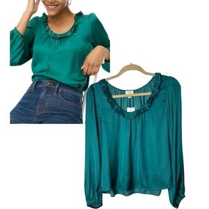 J Crew Women’s Long Sleeve Ruffle-neck Top In Vivid Jade Green Color Sz M